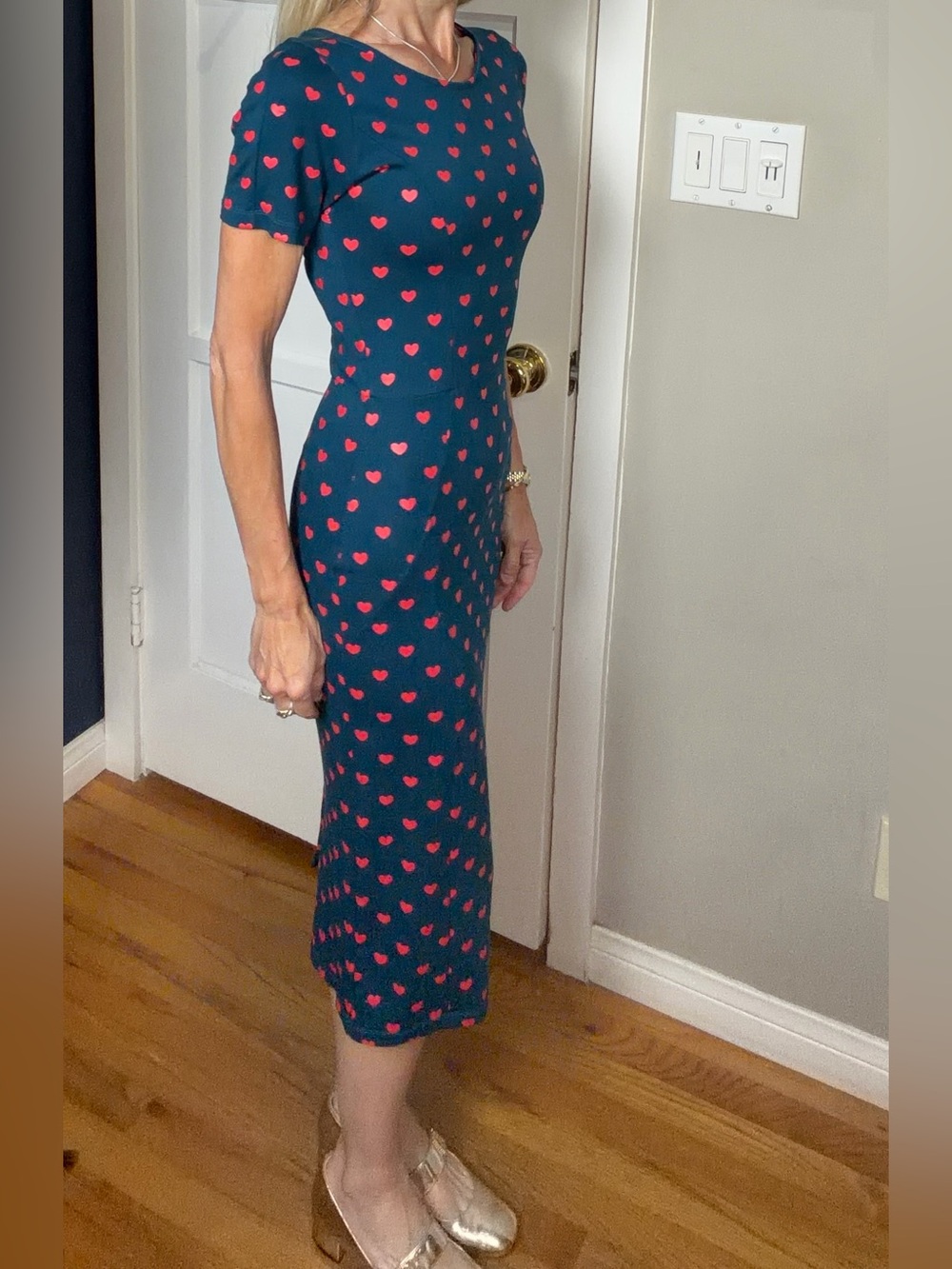 Unique Vintage Teal Heart-Print short sleeve bodycon dress,S, EUC - Picture 3 of 12
